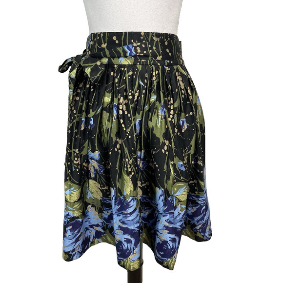 Ann Taylor Loft Skirt size 12 Black Blue Green Floral Pleated Career Church Boho - Picture 1 of 9